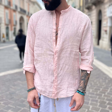 Camicia di lino rosa collo coreano 2.0 - FLAG STORE